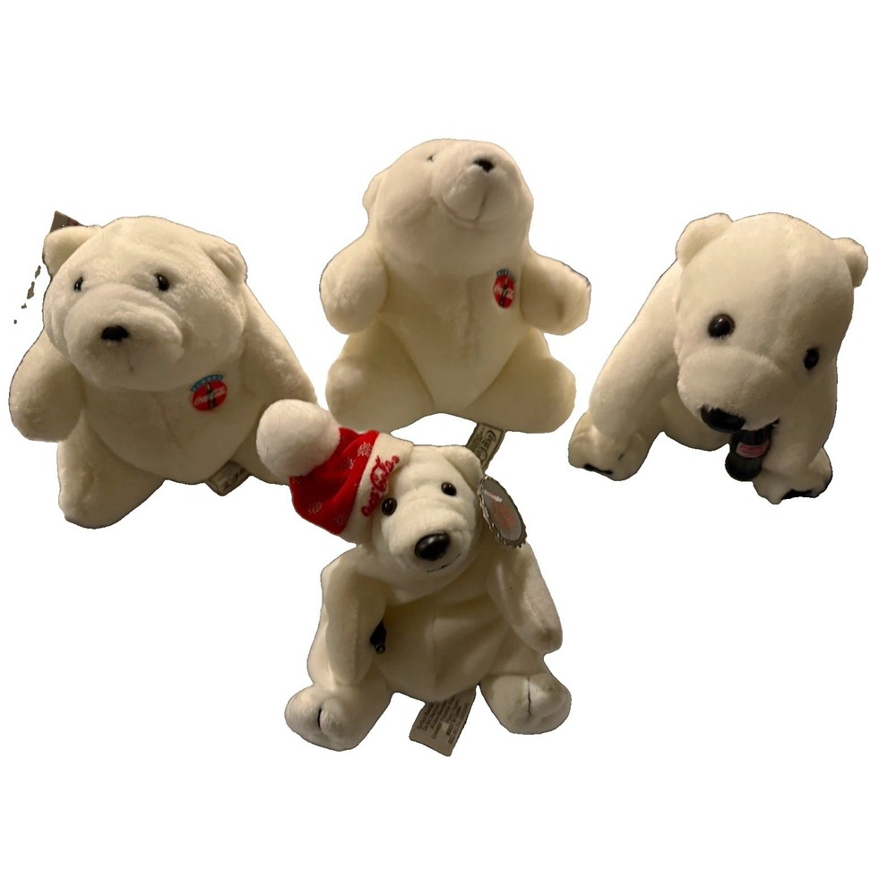 Coca-Cola, White, 4pc Vintage 90s Polar Bear Plush Set